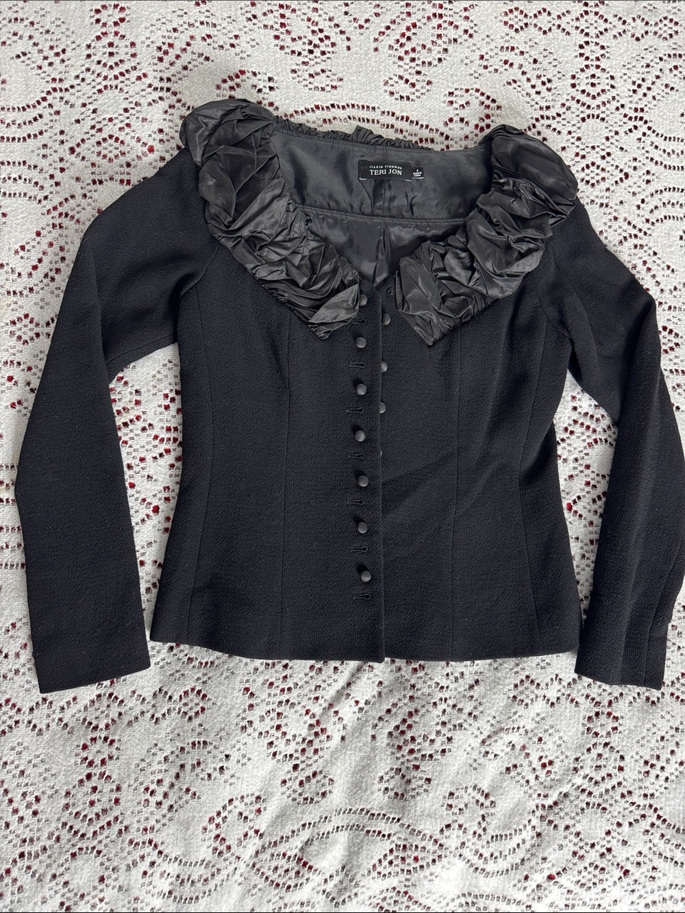 Teri Jon Black Ruffled Collar Button-Front Blouse Wool